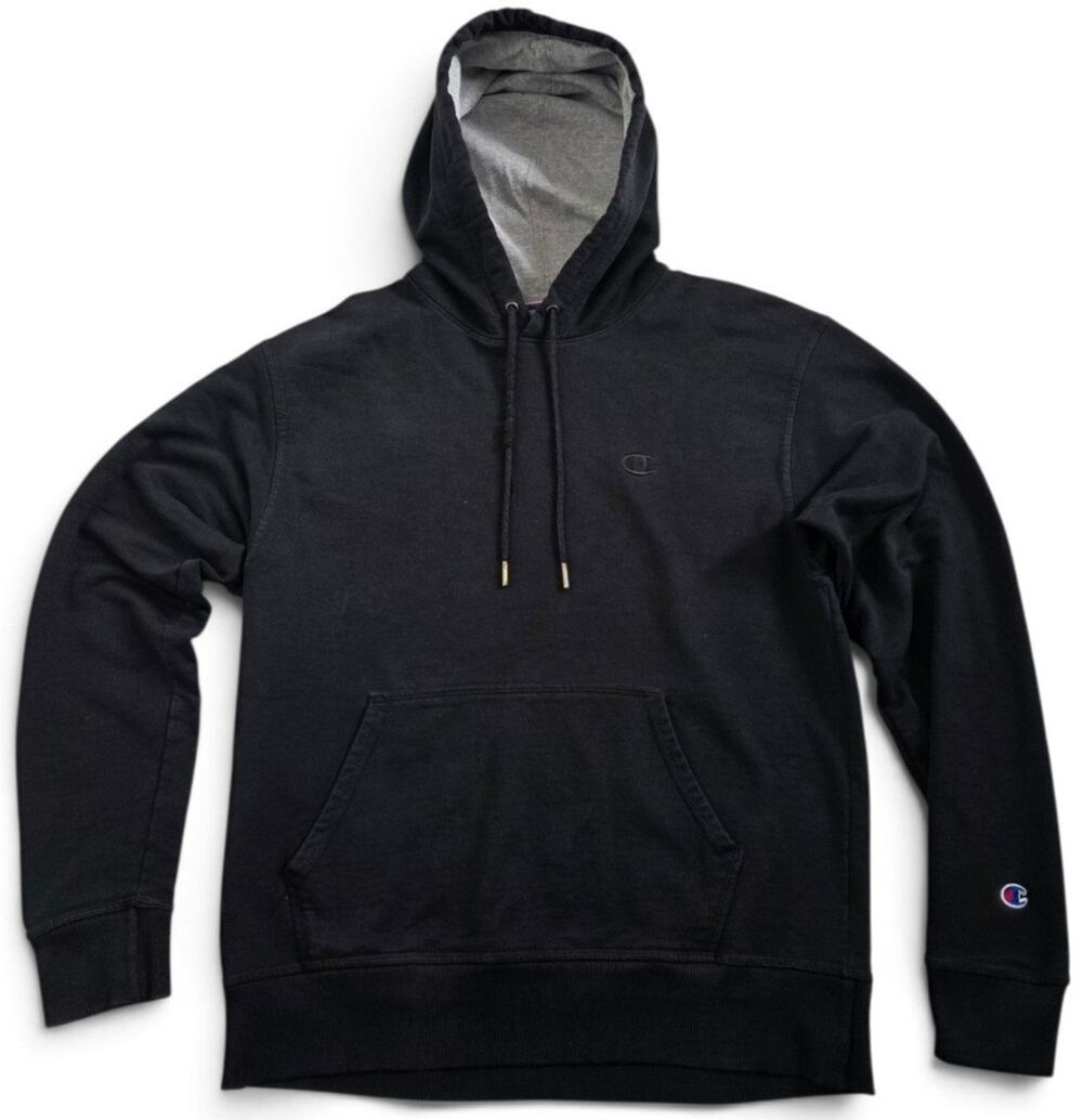 Champion Men’s Black Pullover Hoodie Size M Embroidered Logo Gray Lined Hood